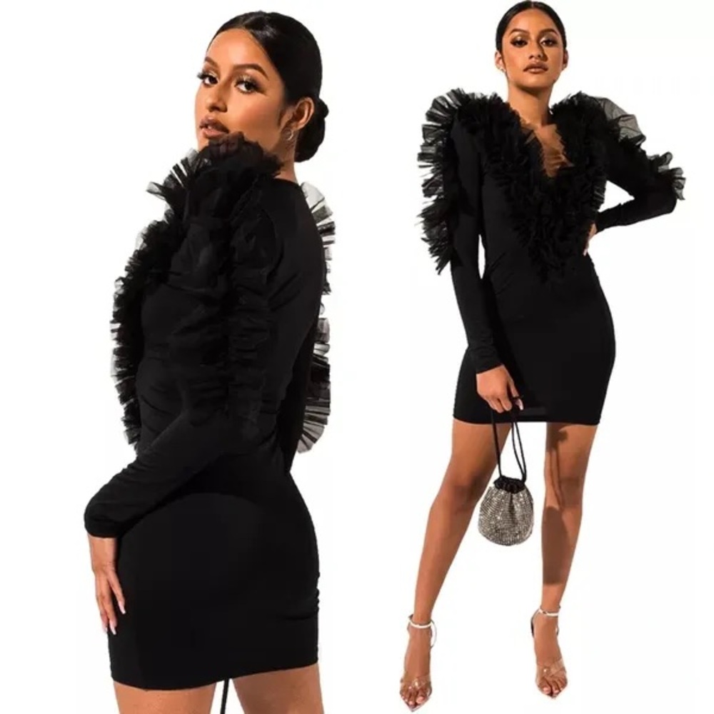 Sexy Long Sleeve Deep V Neck Mesh Ruffle Bodycon Party Mini Dress Clubwear